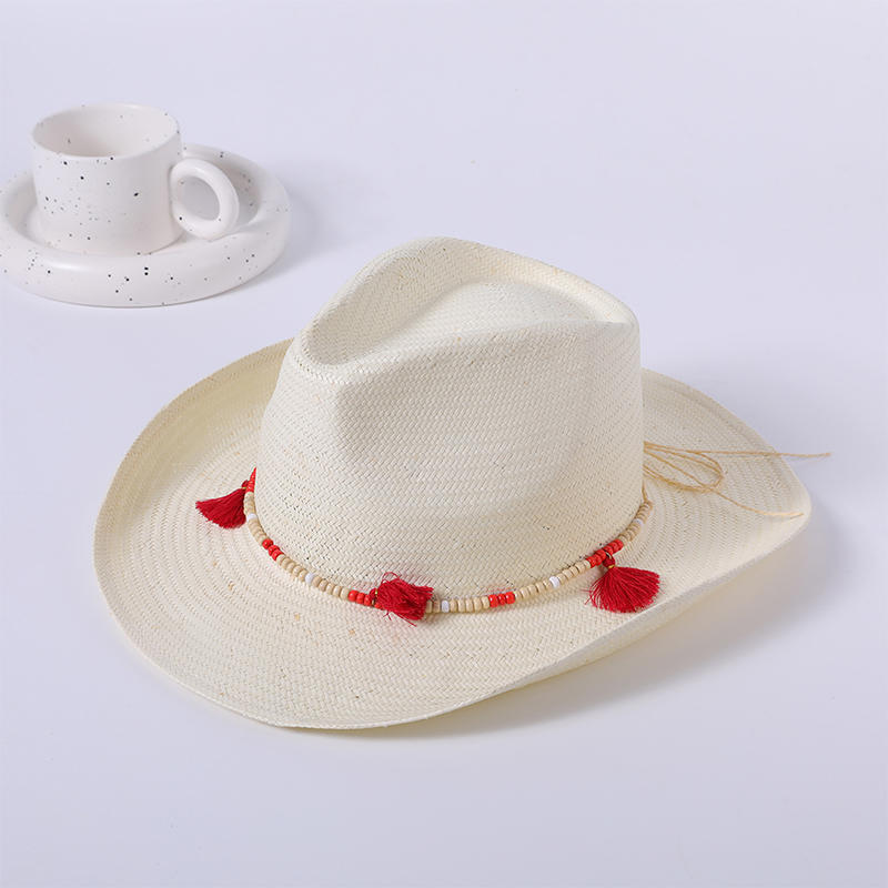 Sombrero de paja primavera y verano nuevo juego de ocio sombrero de playa tejido femenino estilo europeo y americano sombrero de vaquero blanco sombrilla al aire libre sombrero de protección solar