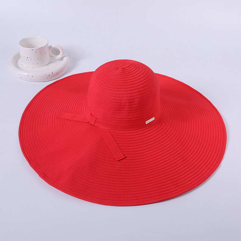 Sombrero de cinta roja primavera y verano nuevo juego de ocio sombrero de playa de punto versión coreana femenina del sombrero para el sol sombrilla al aire libre sombrero para el sol