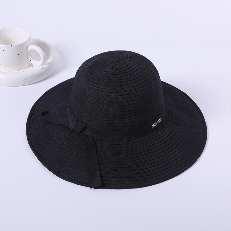 Cinta negra primavera y verano nuevo juego de ocio sombrero de playa tejido estilo europeo y americano para mujer sombrero para el sol sombrilla al aire libre sombrero para el sol