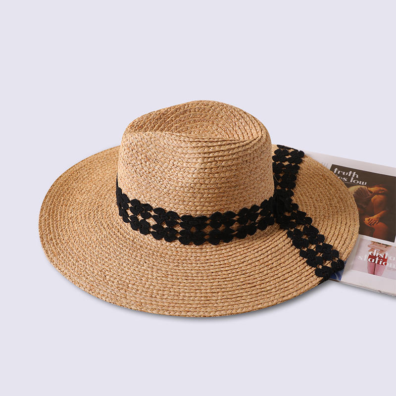 Cinta negra sombrero de paja decorativo primavera y verano nuevo juego de ocio sombrero de playa tejido estilo europeo y americano para mujer sombrero panamá sombrero parasol al aire libre