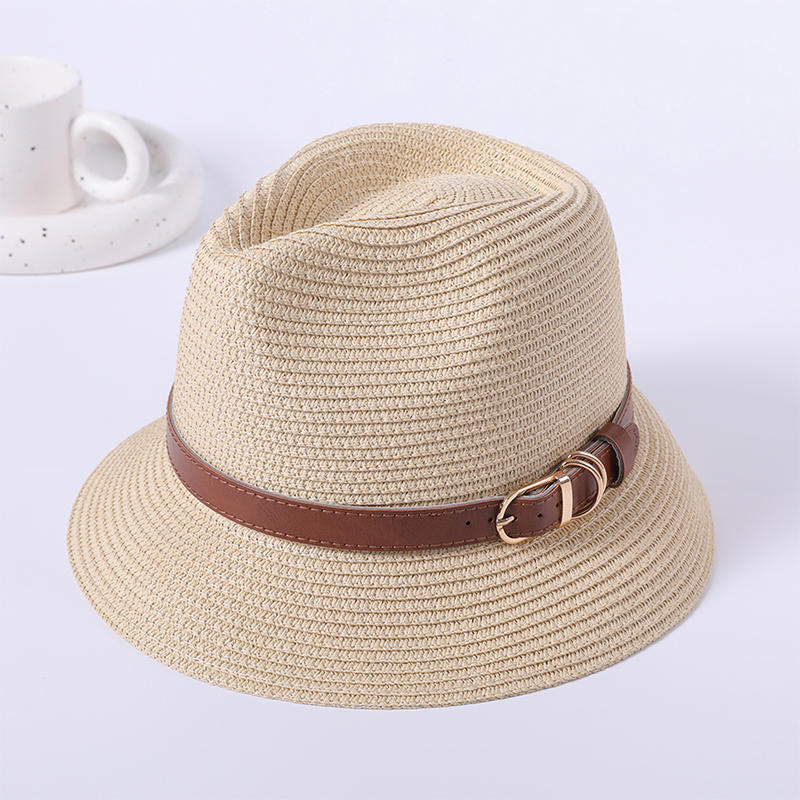 Sombrero de paja con cinturón primavera y verano nuevo juego de ocio sombrero de playa tejido femenino estilo europeo y americano sombrero de copa sombrilla al aire libre sombrero protector solar