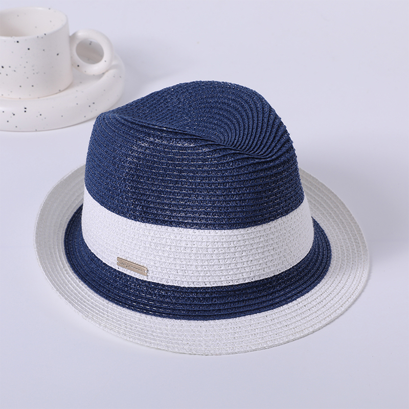 Monofilamento azul y blanco debate hecho a mano hierba tejida damas estilo europeo y americano sombrero de cinta a rayas