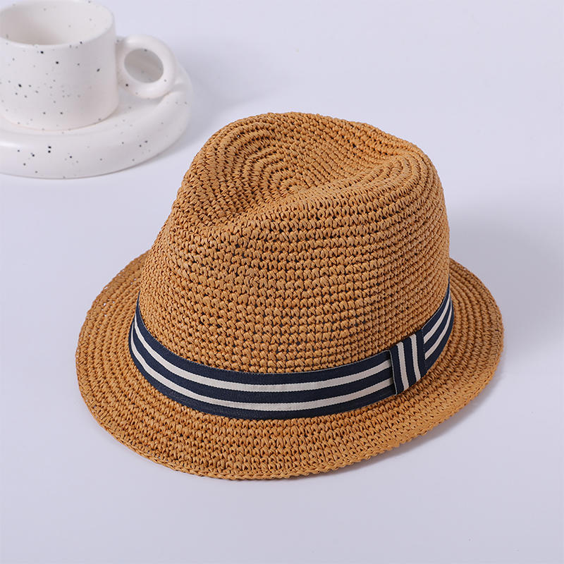 Monofilamento fino de ganchillo hecho a mano con hierba tejida para mujer, sombrero de cinta a rayas de estilo europeo y americano