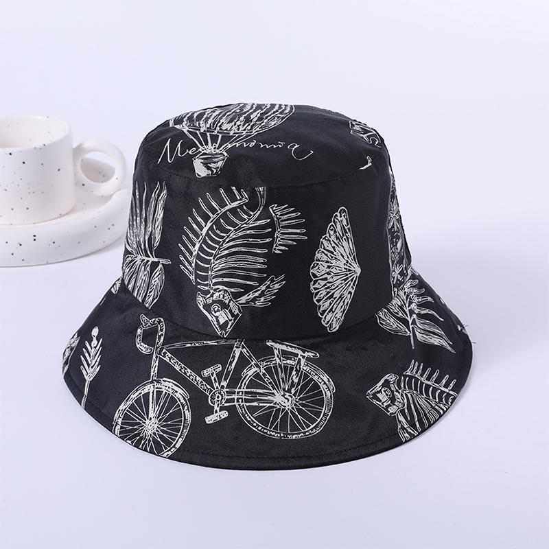 Sombrero de tela de patrón negro primavera y verano nuevo juego de ocio playa sombrero de pescador femenino sombrilla al aire libre sombrero protector solar