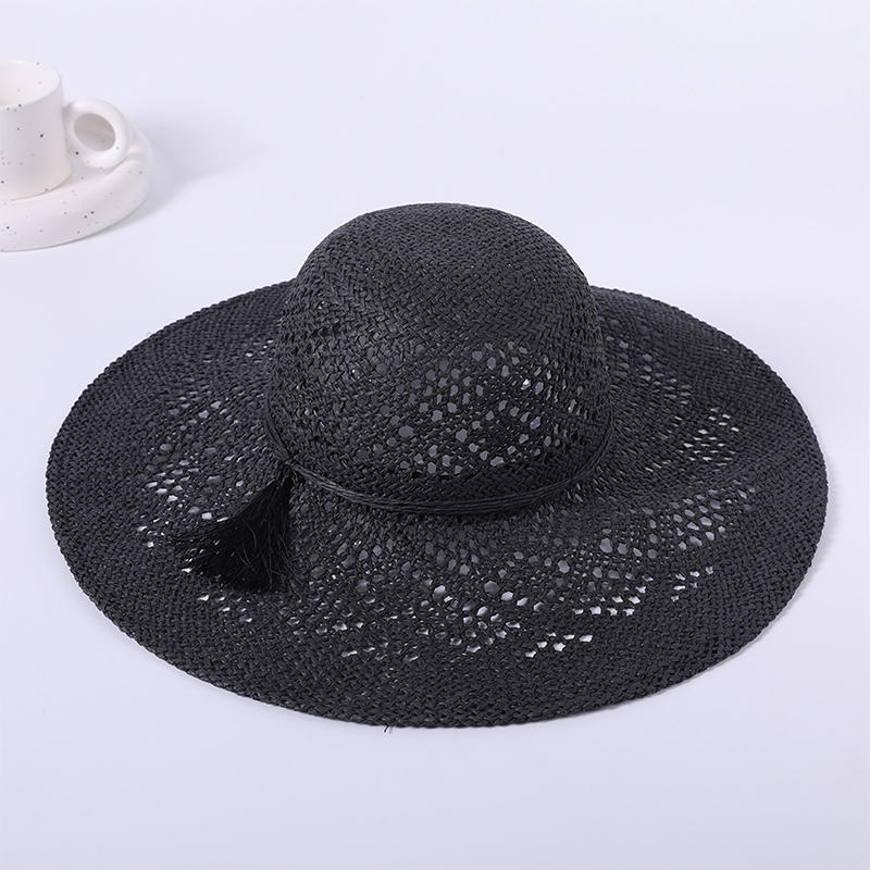 Sombrero de paja, sombrero de playa de primavera y verano, sombrero redondo negro tejido, sombrero de sol de estilo europeo y americano para mujer, sombrilla para exteriores, sombrero para el sol
