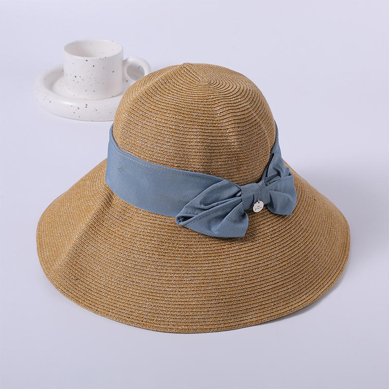 Sombrero de paja decorativo con lazo azul, sombrilla para exteriores, sombrero para el sol