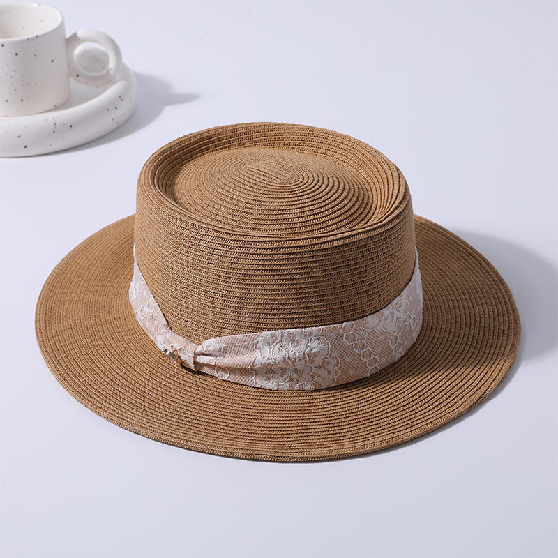 Sombrero de paja decorativo con cinta, versión coreana para mujer, sombrero de copa plana, sombrilla para exteriores, sombrero protector solar