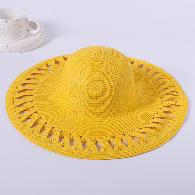 Sombrero de playa hueco tejido amarillo, sombrero para el sol de estilo europeo y americano para mujer, sombrero para el sol para exteriores