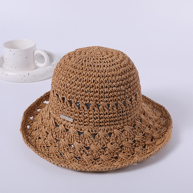 Sombrero de paja marrón, sombrero de playa de primavera y verano, sombrero de pescador coreano tejido para mujer, sombrilla para exteriores, sombrero protector solar