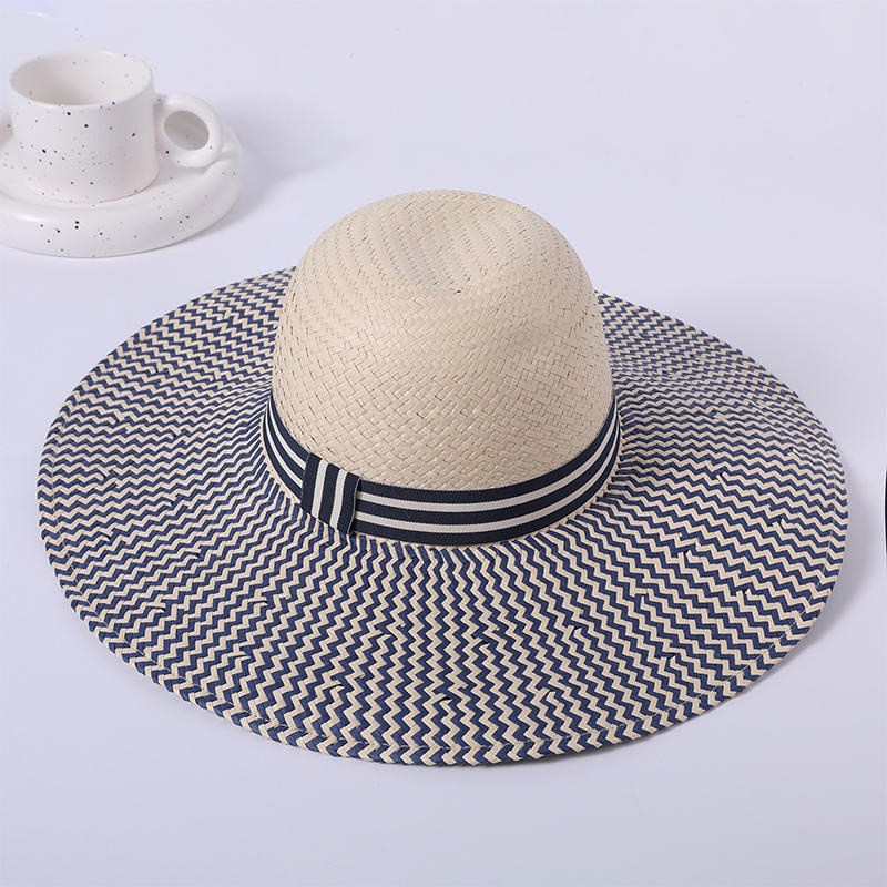 Sombrero de ala grande, sombrero de paja a rayas azules, sombrero de sombrilla para exterior de estilo europeo y americano para mujer