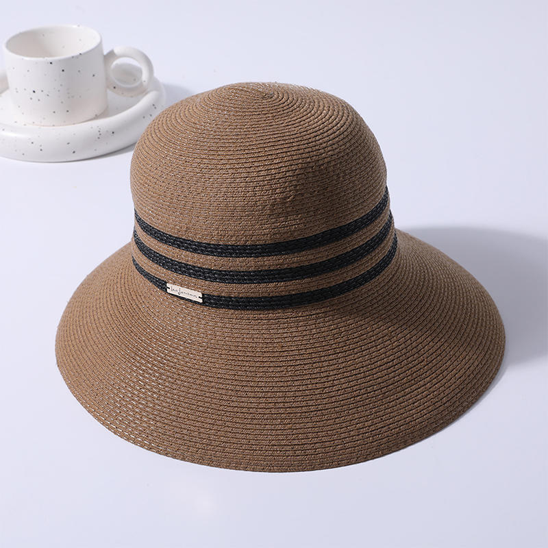 Sombrero de paja primavera y verano nuevo estilo romper tres líneas negras decoración femenina estilo europeo y americano sombrero para el sol sombrilla al aire libre sombrero para el sol