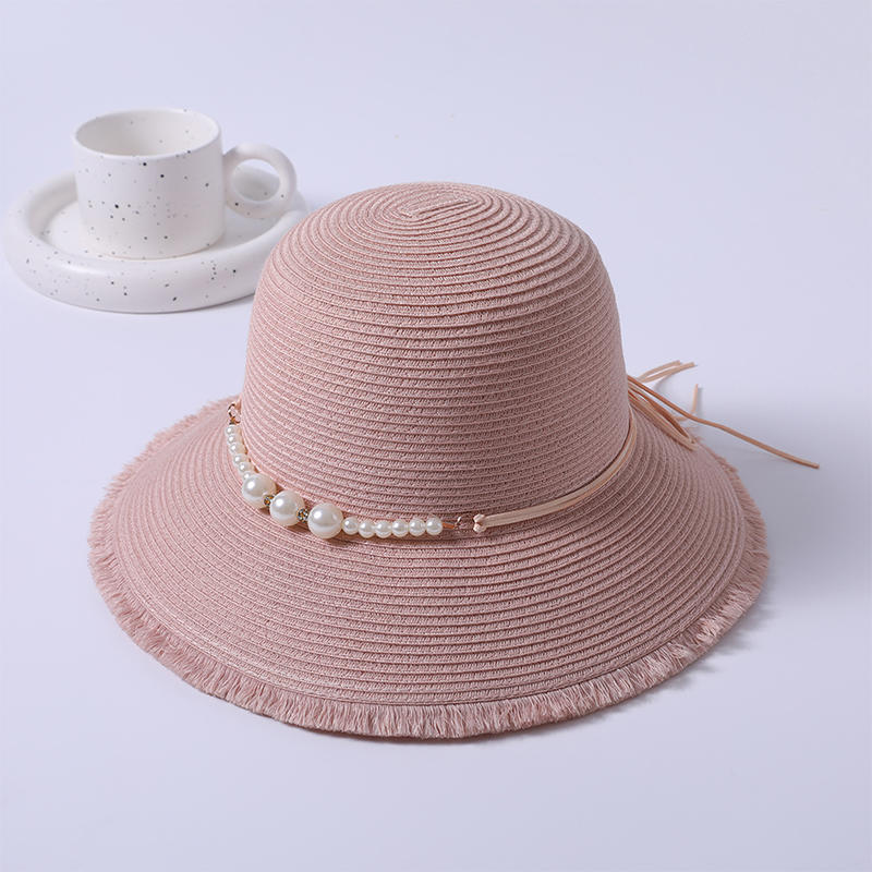 Sombrero de paja rosa, novedad de primavera y verano, decoración de perlas, sombrero de sol coreano para mujer, sombrilla para exteriores, sombrero para el sol