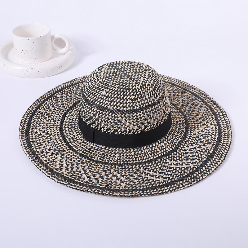 Sombrero de paja negro primavera y verano nueva moda tejida mujer estilo europeo y americano sombrero para el sol sombrilla al aire libre sombrero para el sol