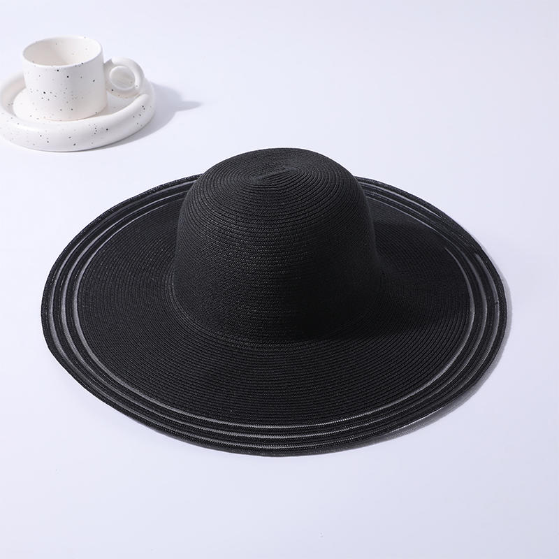 Sombrero de paja de ala transparente negro primavera y verano nuevo juego de ocio sombrero de playa tejido estilo europeo y americano para mujer sombrero para el sol sombrilla al aire libre sombrero para el sol