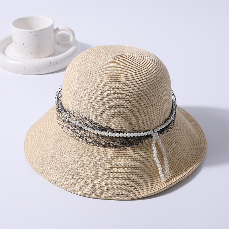 Sombrero de paja primavera y verano nueva decoración de cinta de perlas sombrero de sol coreano para mujer sombrero de sol parasol al aire libre