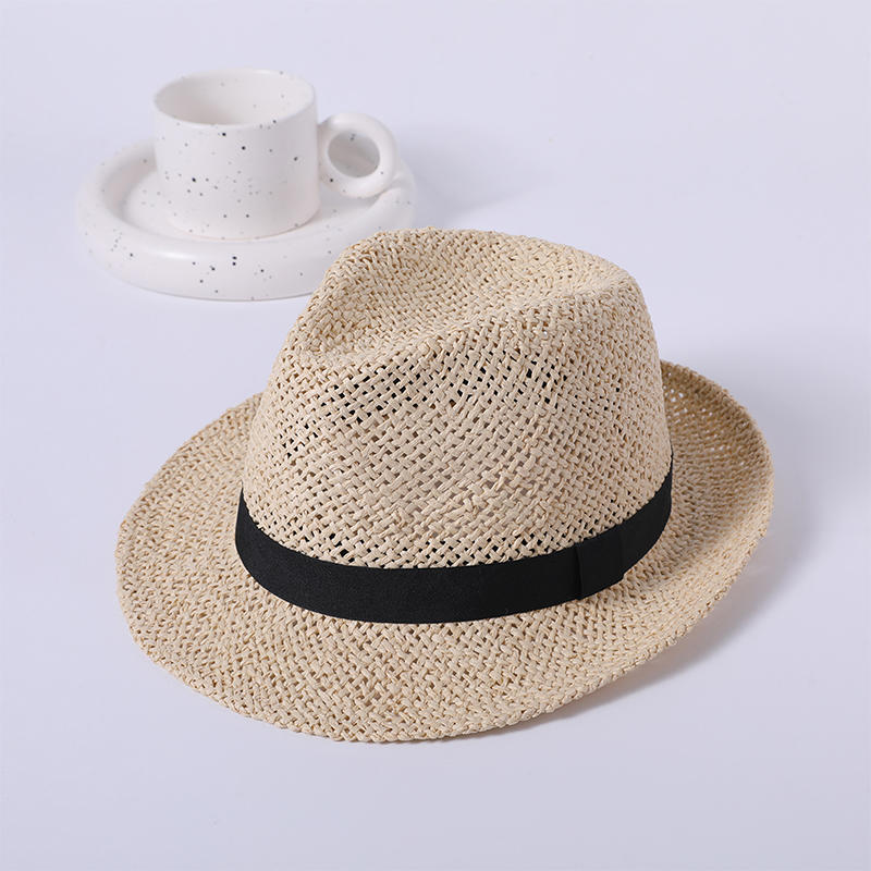 Sombrero de copa simple de estilo europeo y americano tejido de papiro hecho a mano con correas negras
