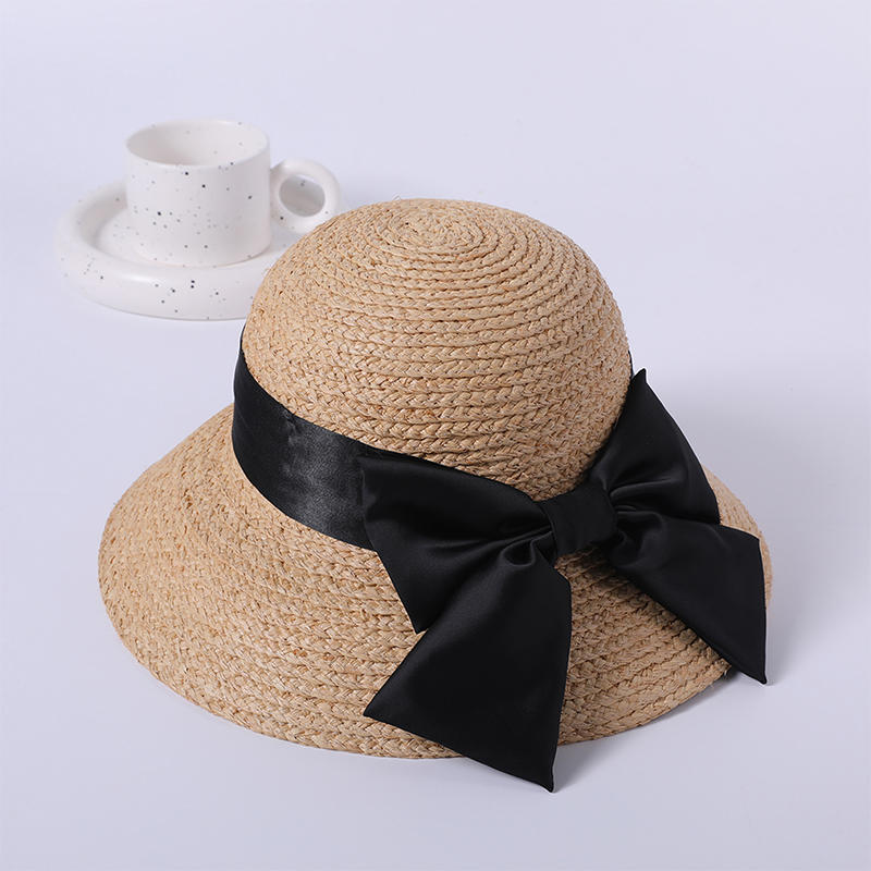 Sombrero de paja decorativo con lazo negro para mujer, sombrero japonés para el sol, sombrilla para exteriores, sombrero para el sol