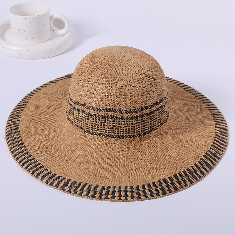 Sombrero de paja, primavera y verano, nuevo juego de ocio, sombrero de playa, borde, rayas negras, tejido decorativo, estilo europeo y americano, sombrero para el sol para mujer, sombrilla para exteriores, sombrero para el sol.