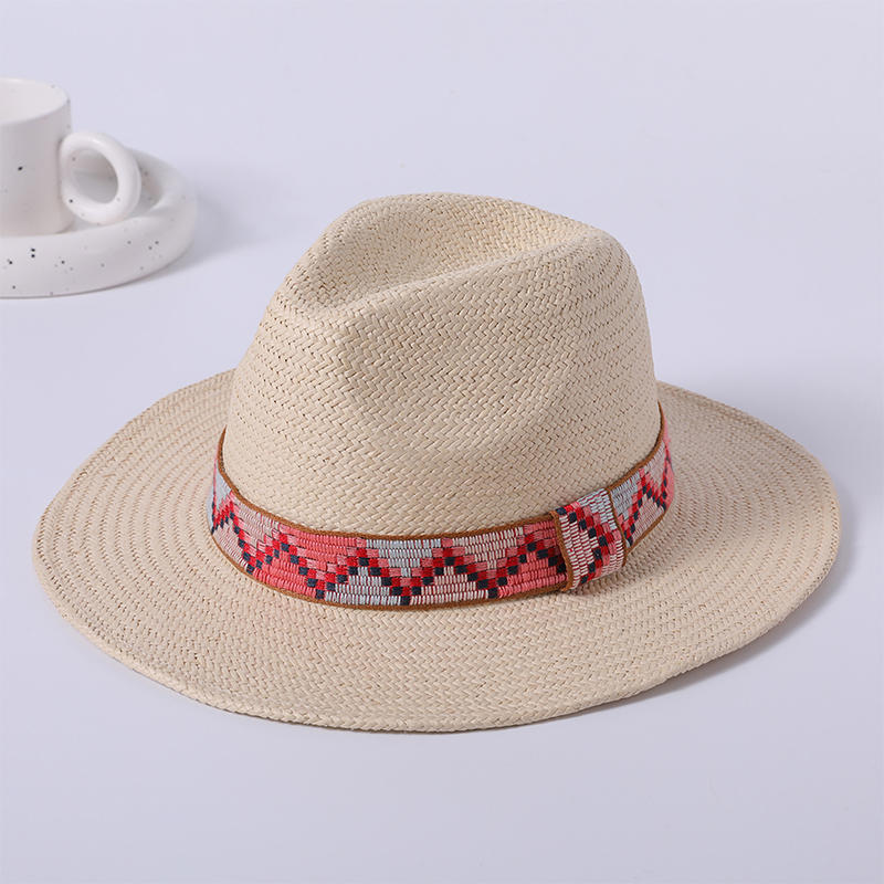 Sombrero panamá de estilo europeo y americano tejido a mano con cinta de viento nacional para mujer, sombrero protector solar para exteriores