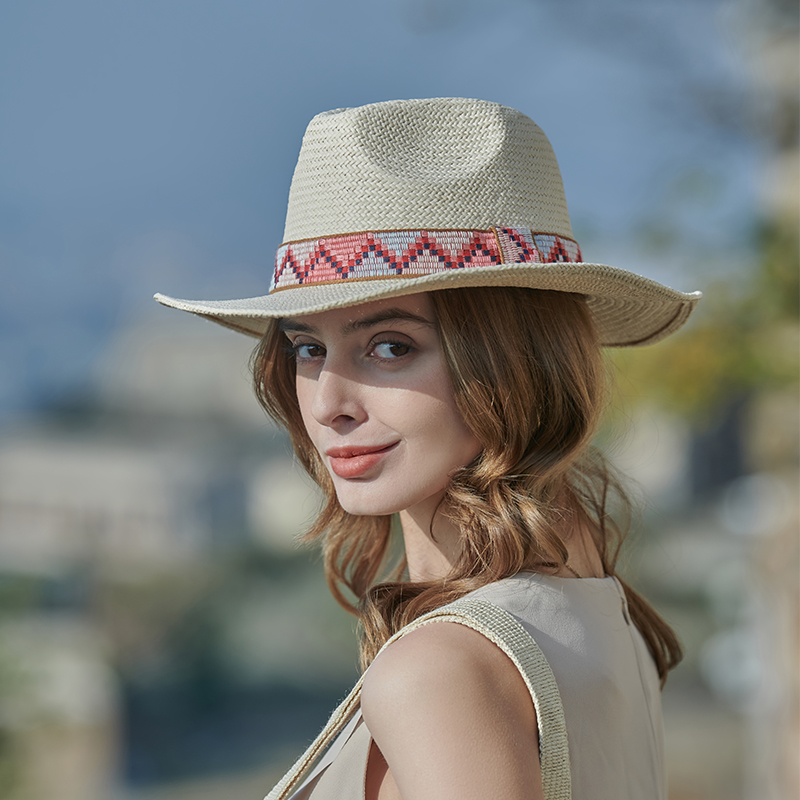 Sombrero panamá de estilo europeo y americano tejido a mano con cinta de viento nacional para mujer, sombrero protector solar para exteriores