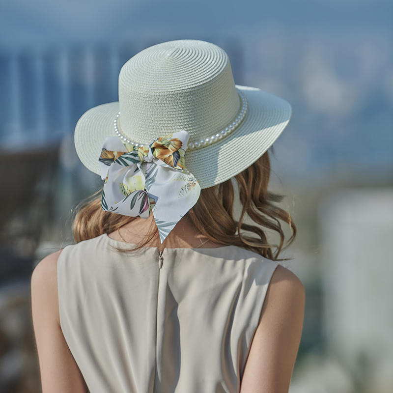 Sombrero de paja para mujer con lazo de cinta adornado con perlas