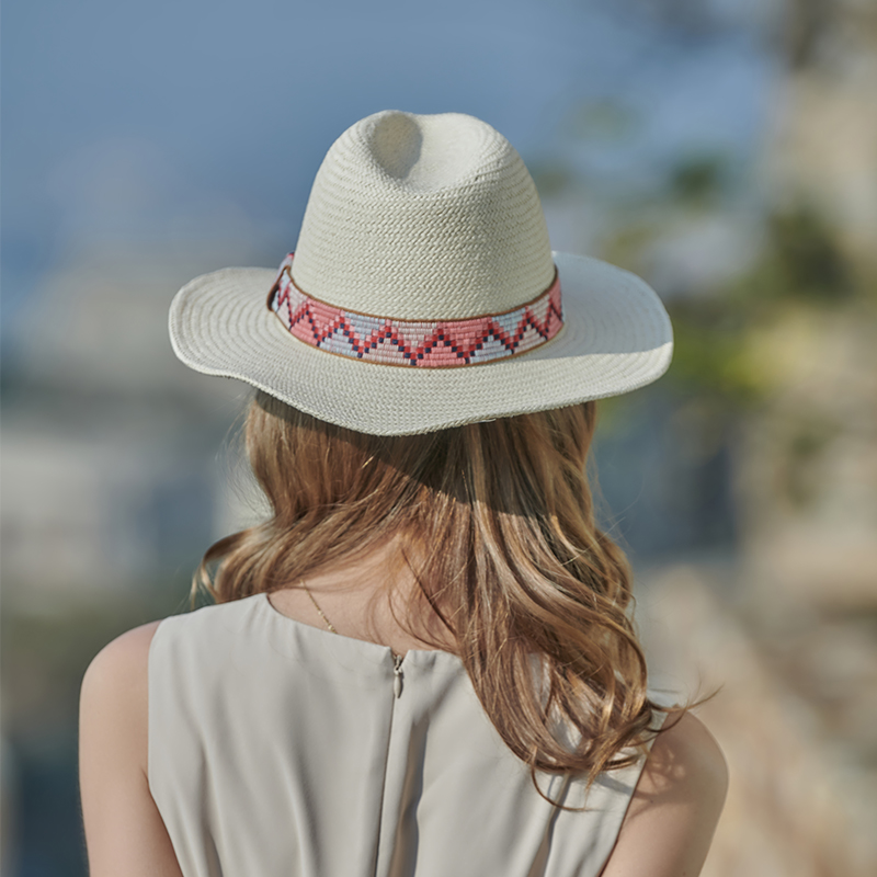 Sombrero panamá de estilo europeo y americano tejido a mano con cinta de viento nacional para mujer, sombrero protector solar para exteriores