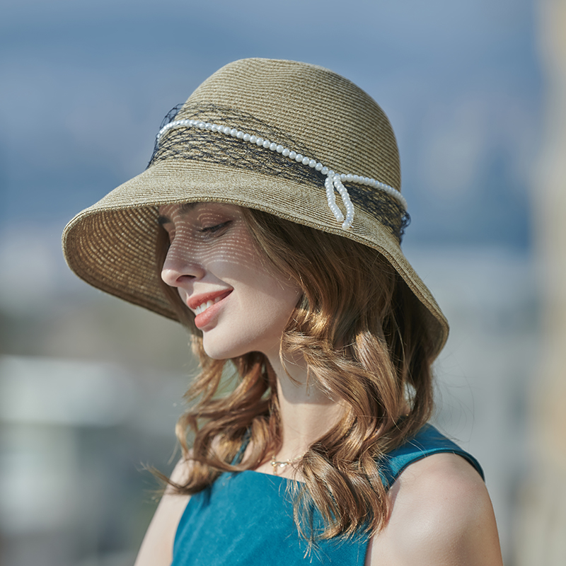 Sombrero de paja primavera y verano nueva decoración de cinta de perlas sombrero de sol coreano para mujer sombrero de sol parasol al aire libre