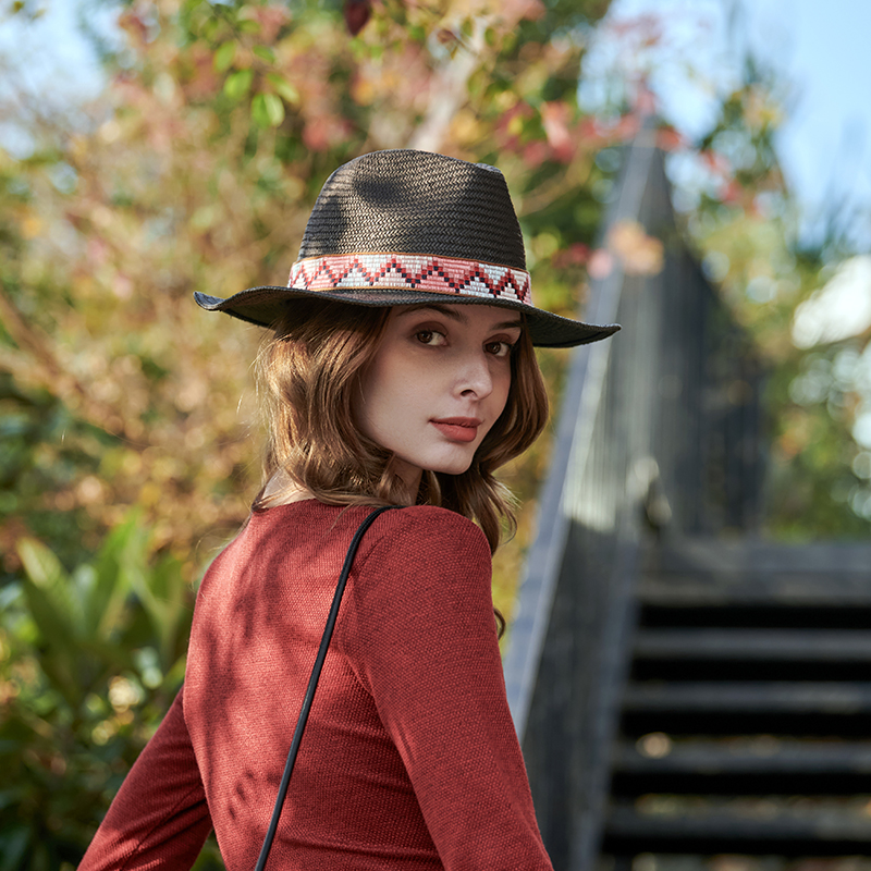 Sombrero panamá de estilo europeo y americano tejido a mano con cinta de viento nacional para mujer, sombrero protector solar para exteriores