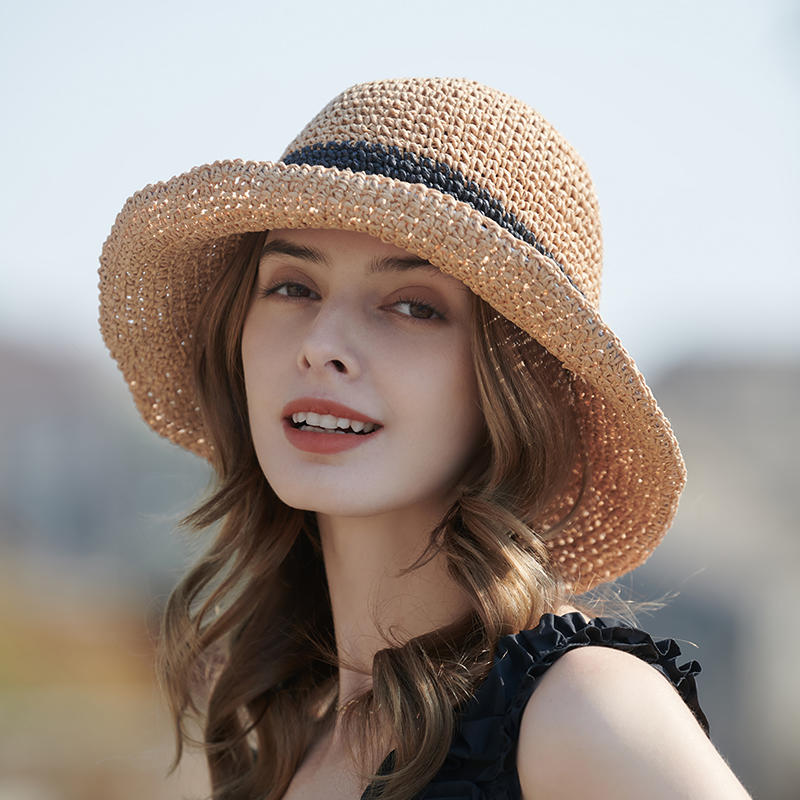 Cinta negra sombrero de paja decorativo primavera y verano sombrero de playa de punto versión coreana femenina del sombrero de pescador sombrilla al aire libre sombrero protector solar