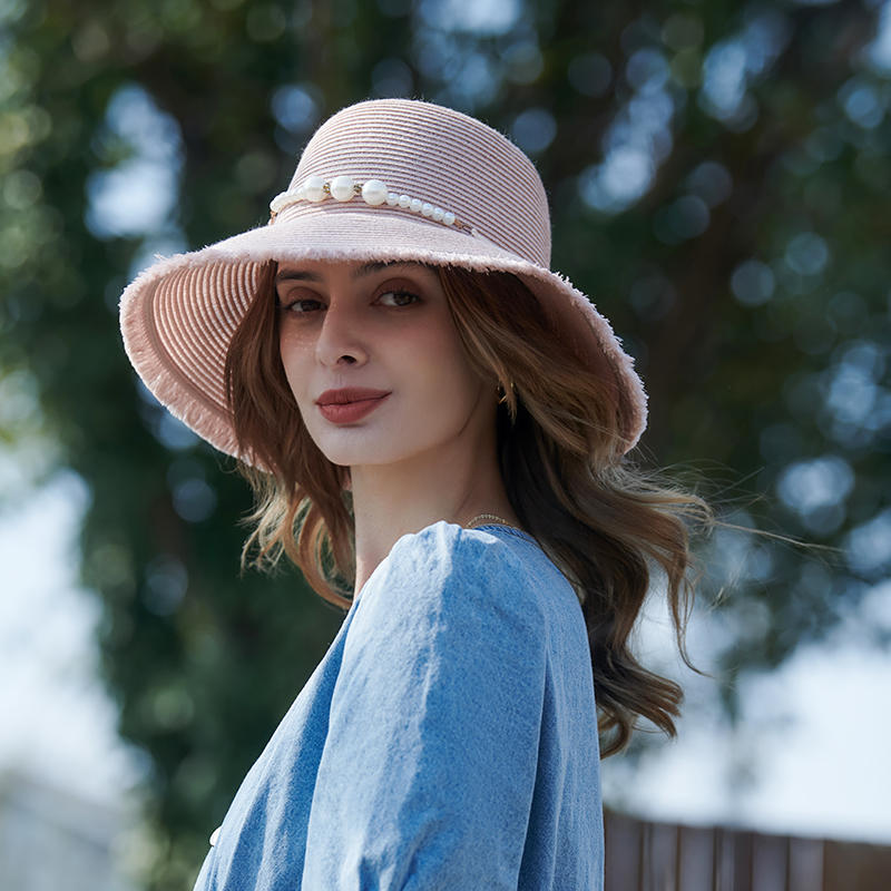 Sombrero de paja rosa, novedad de primavera y verano, decoración de perlas, sombrero de sol coreano para mujer, sombrilla para exteriores, sombrero para el sol