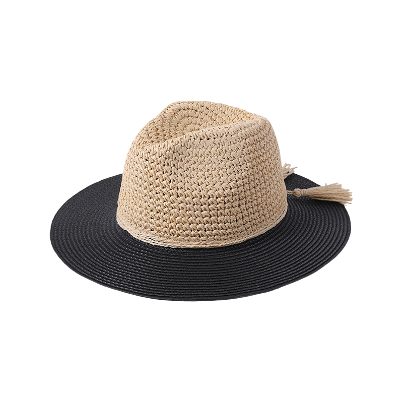 Sombrero de crochet y flecos de papiro con sombrero de moda negro a juego