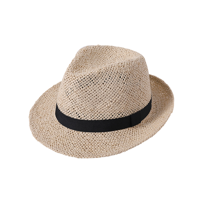Sombrero de copa sencillo para mujer, tejido en papiro, hecho a mano y con correas negras, estilo europeo y americano