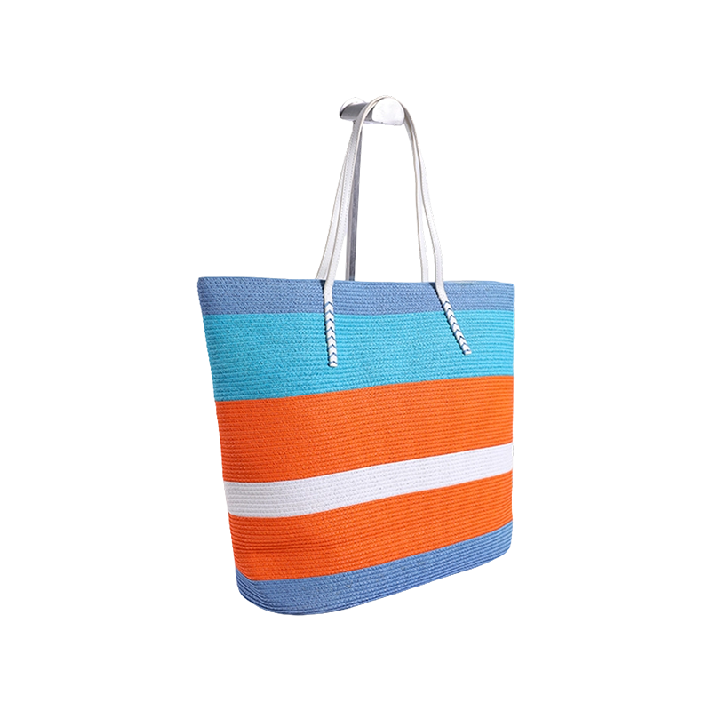 Bolso TOTE tejido en papel azul y amarillo con toque de color rayado