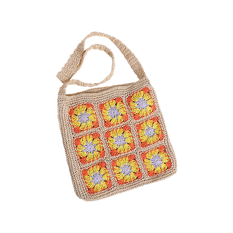 Bolso de papiro hecho a mano con flores de papiro tejidas a mano en color beige