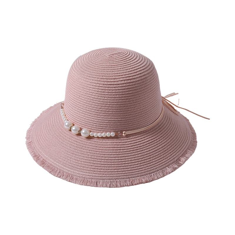Sombrero de Paja Rosa para Primavera y Verano, Nuevo Sombrero de Playa, Decorado con Perlas, Estilo Coreano