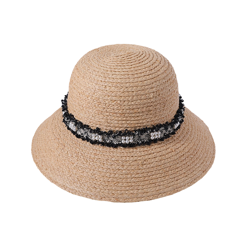 Sombrero de Pescador Tejido a Mano con Raffia Importada, Decorado con Pequeñas Perlas Aromáticas y Cinta de Borde Deshilachado para Realzar el Estilo