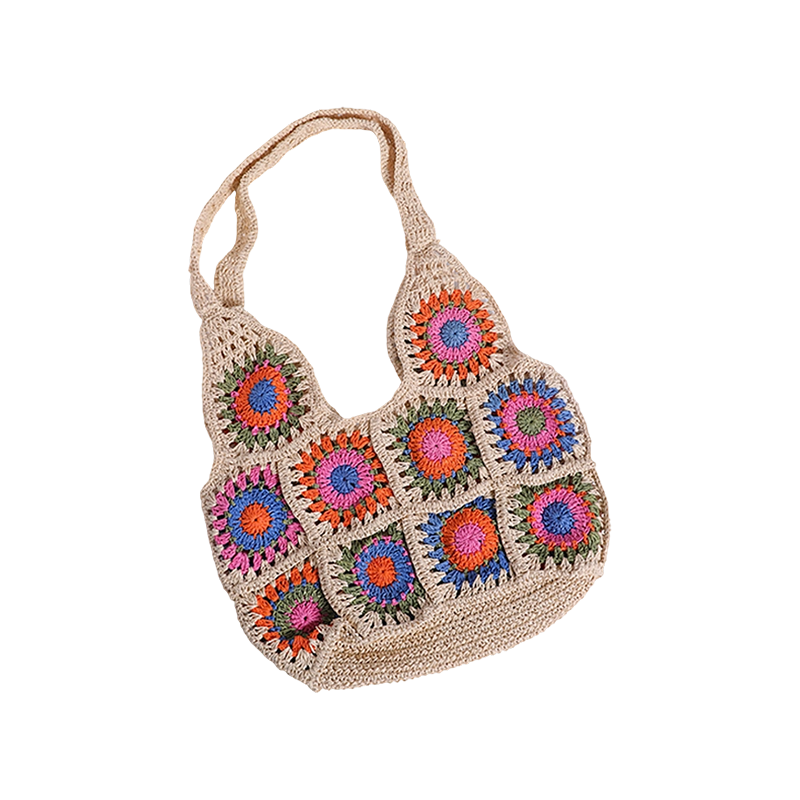 Bolsa de papiro hecha a mano con flores de papiro a crochet a mano de la serie Rainbow Color