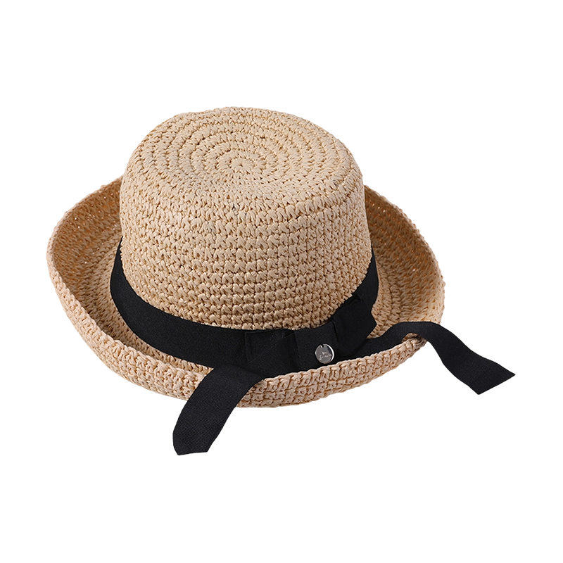 Sombrero Pequeño de Paja con Lazo de Cinta Negra, Diseño Adorable y Borde Levantado