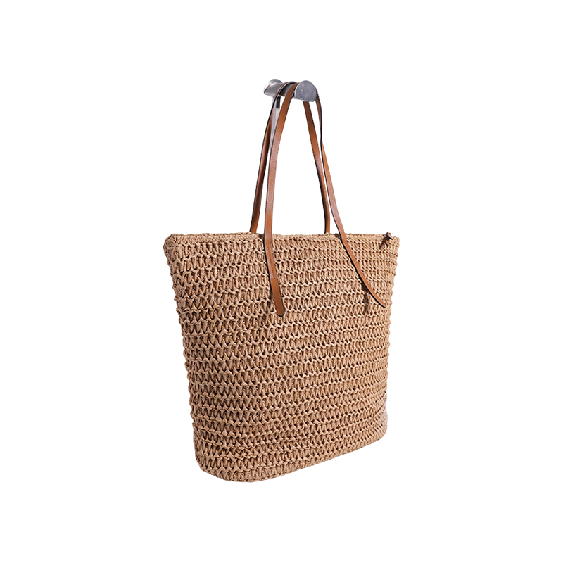 Bolso de papiro hecho a mano con flores de papiro a crochet caqui