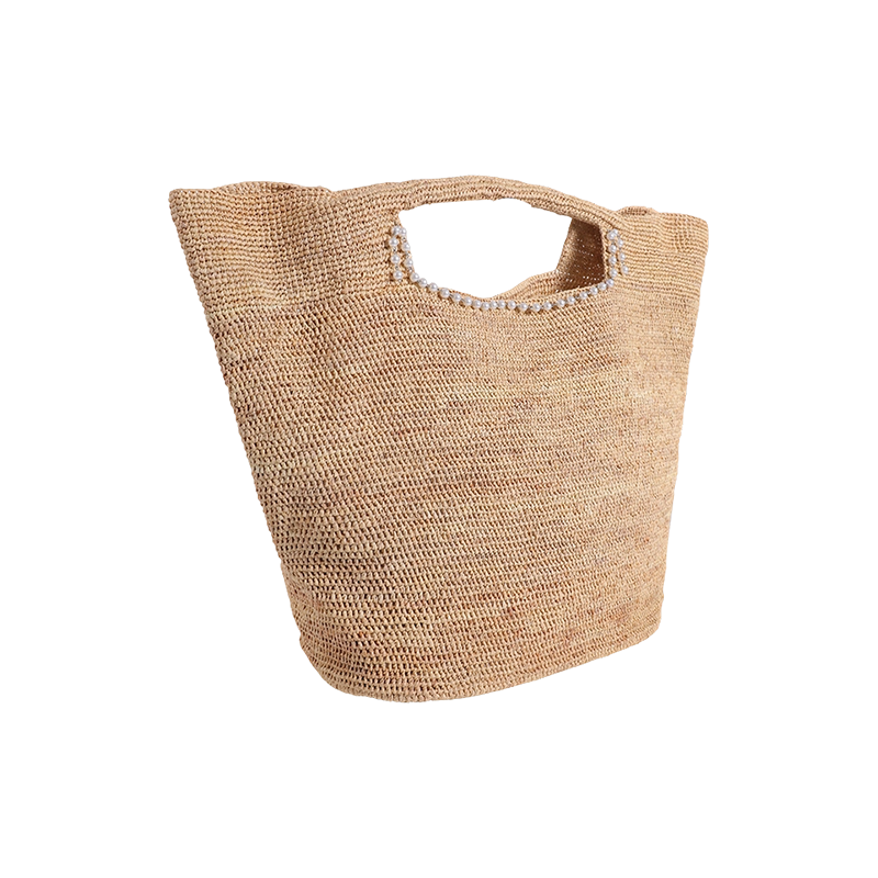 Gancho de mano de rafia importado más cadena de perlas, bolso de mano de bambú de cuero de viento compuesto por bolsa TOTE de crochet fino tejido